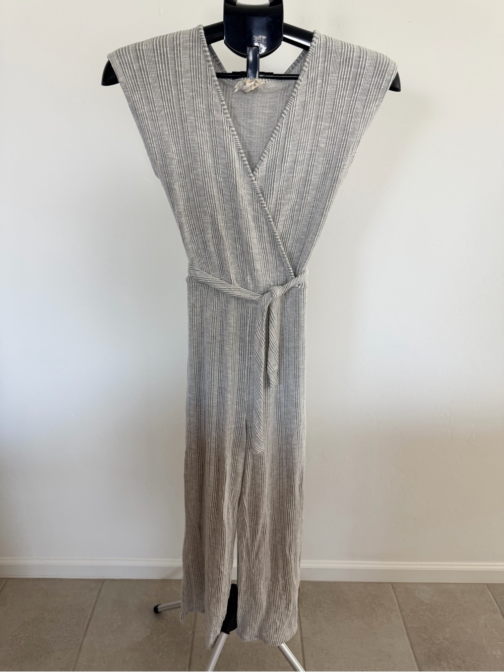 Caution To The Wind Gray Ribbed Wrap Jumpsuit